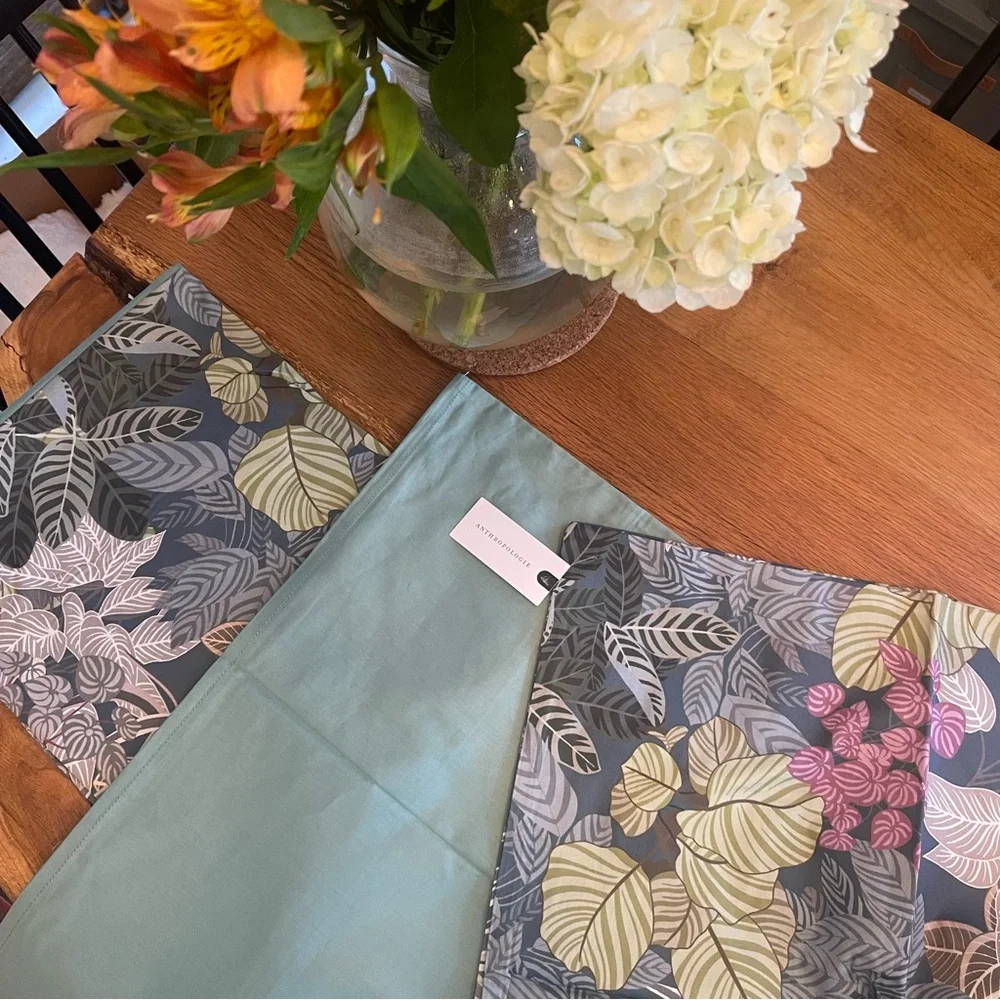 NEW Anthro Green Botanical Print Boho Queen / King Size Bedding Duvet & Sham Set